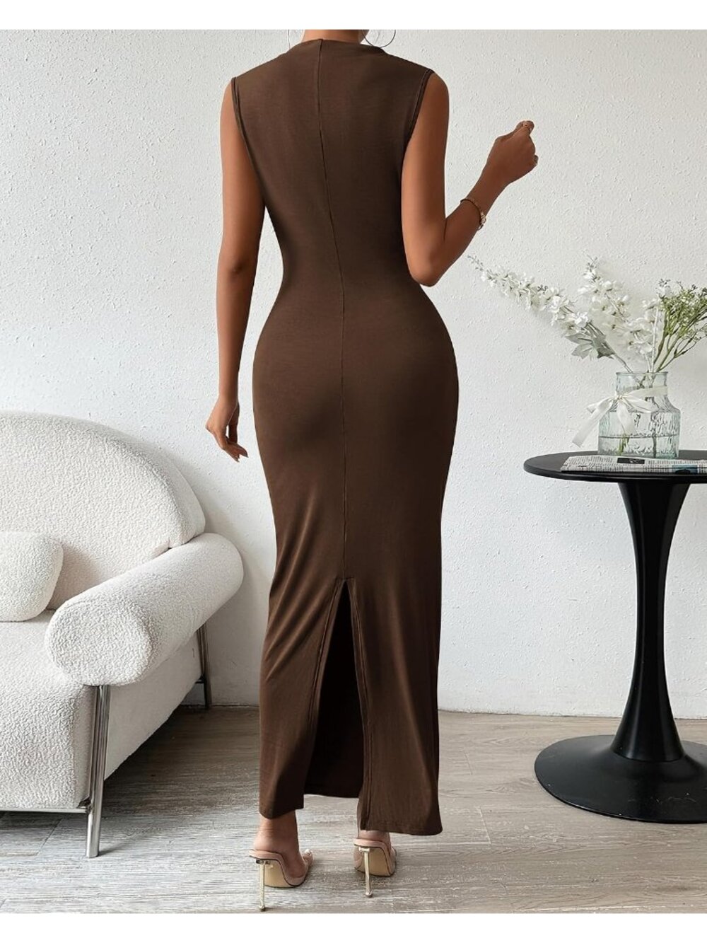 Women's Coffee Summer Casual Back Slit Cocktail Ruched Bodycon Guest Maxi Dress - Picture 4 of 6